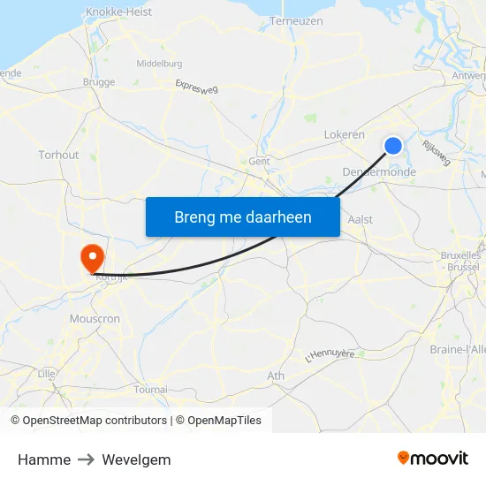 Hamme to Wevelgem map