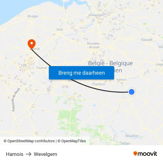 Hamois to Wevelgem map