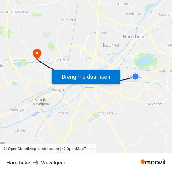 Harelbeke to Wevelgem map