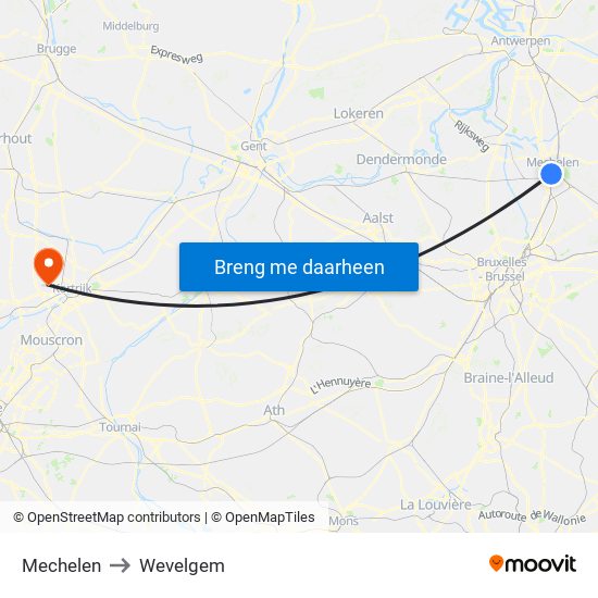 Mechelen to Wevelgem map