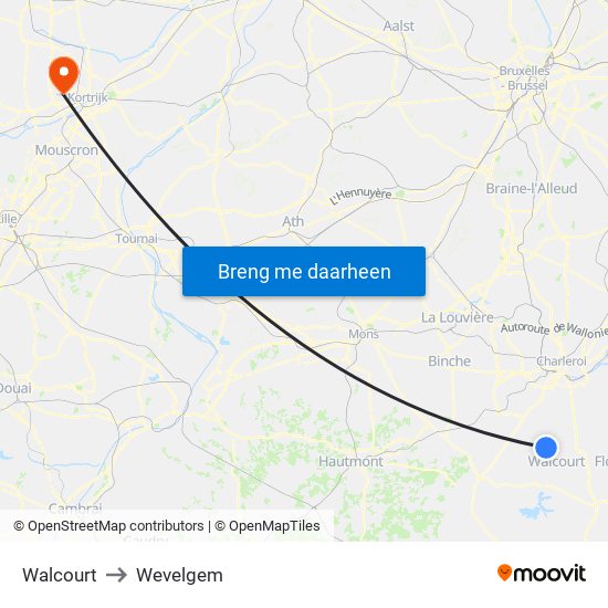 Walcourt to Wevelgem map