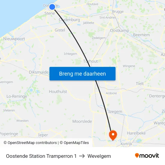 Oostende Station Tramperron 1 to Wevelgem map