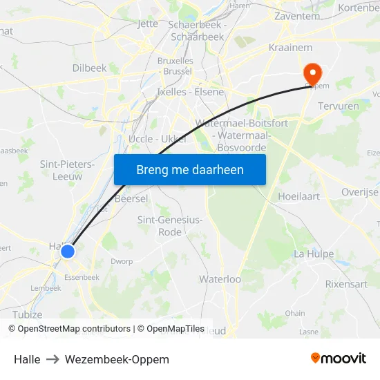 Halle to Wezembeek-Oppem map
