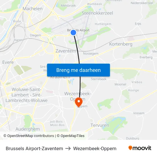 Brussels Airport-Zaventem to Wezembeek-Oppem map