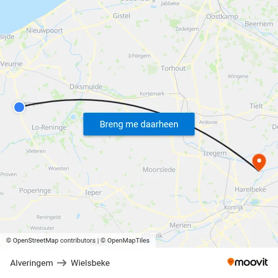 Alveringem to Wielsbeke map
