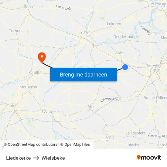 Liedekerke to Wielsbeke map