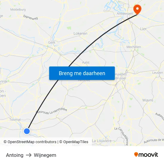 Antoing to Wijnegem map