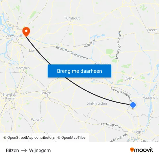 Bilzen to Wijnegem map