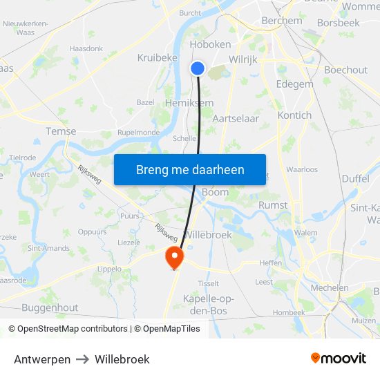 Antwerpen to Willebroek map