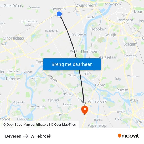 Beveren to Willebroek map