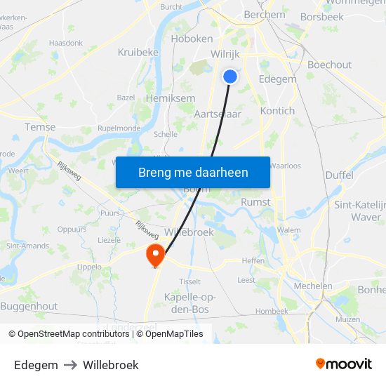 Edegem to Willebroek map