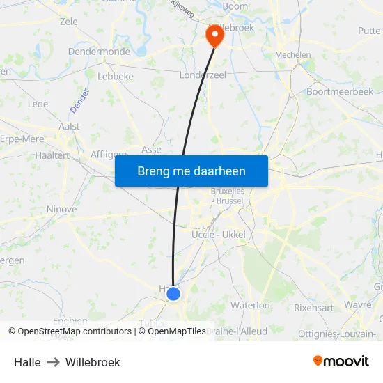 Halle to Willebroek map