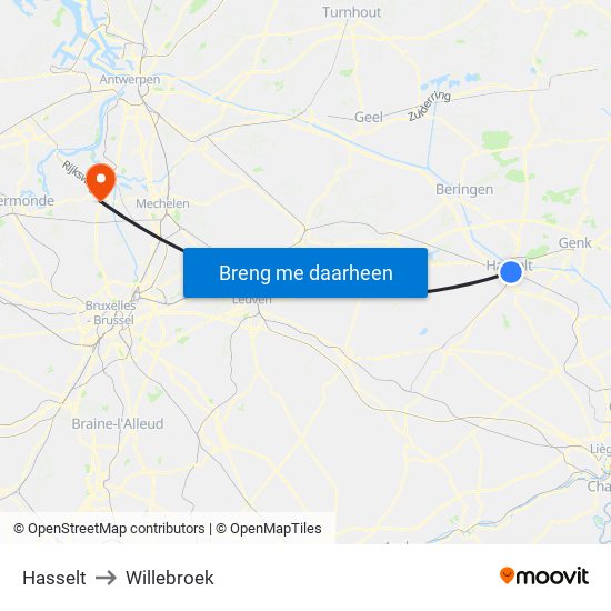 Hasselt to Willebroek map