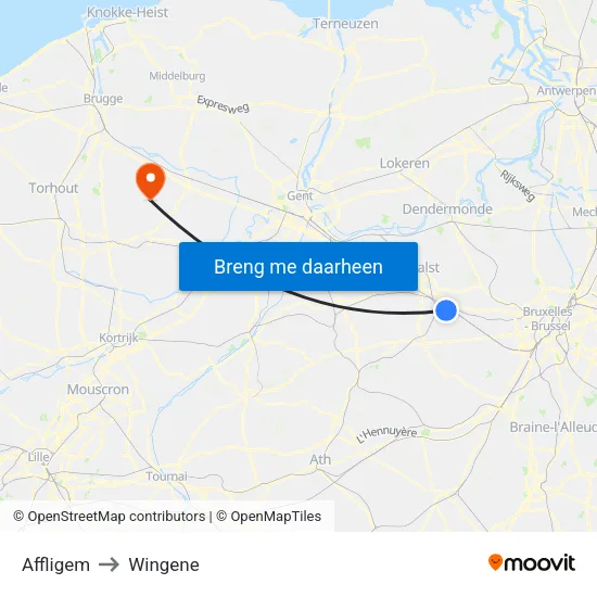 Affligem to Wingene map