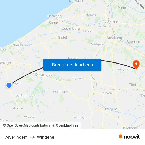 Alveringem to Wingene map