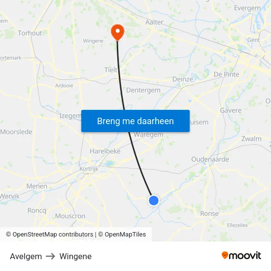 Avelgem to Wingene map