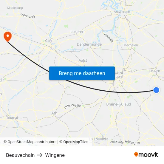 Beauvechain to Wingene map