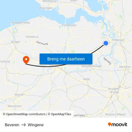 Beveren to Wingene map