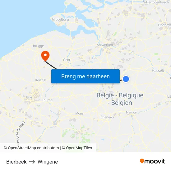 Bierbeek to Wingene map
