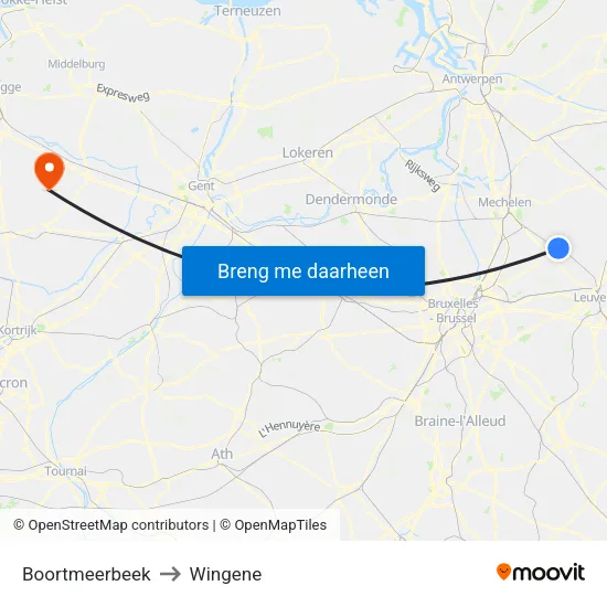 Boortmeerbeek to Wingene map