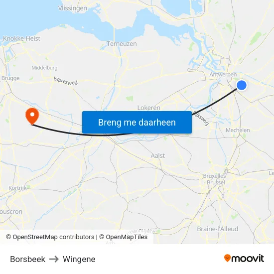 Borsbeek to Wingene map