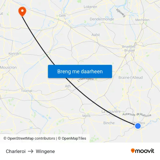 Charleroi to Wingene map