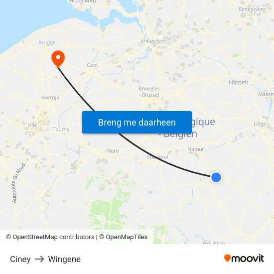 Ciney to Wingene map