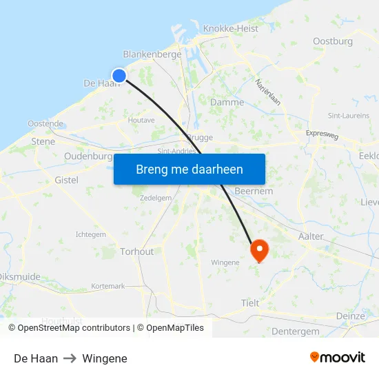 De Haan to Wingene map