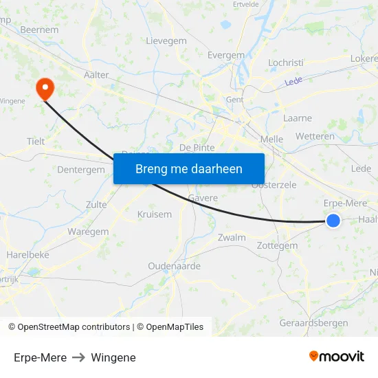 Erpe-Mere to Wingene map