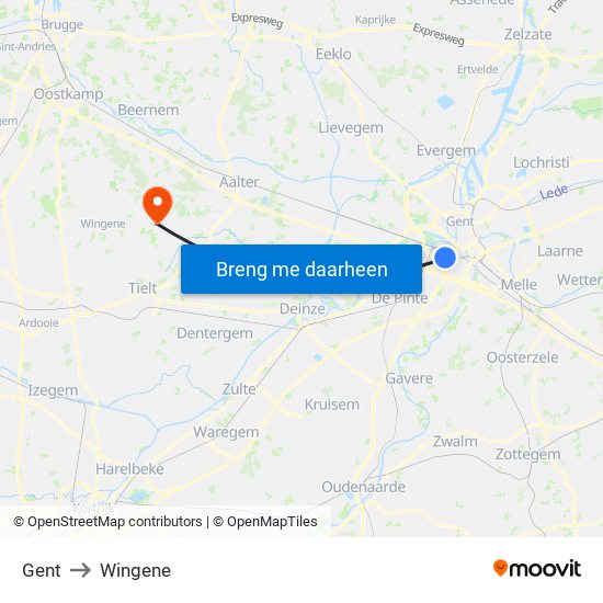 Gent to Wingene map