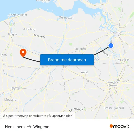 Hemiksem to Wingene map
