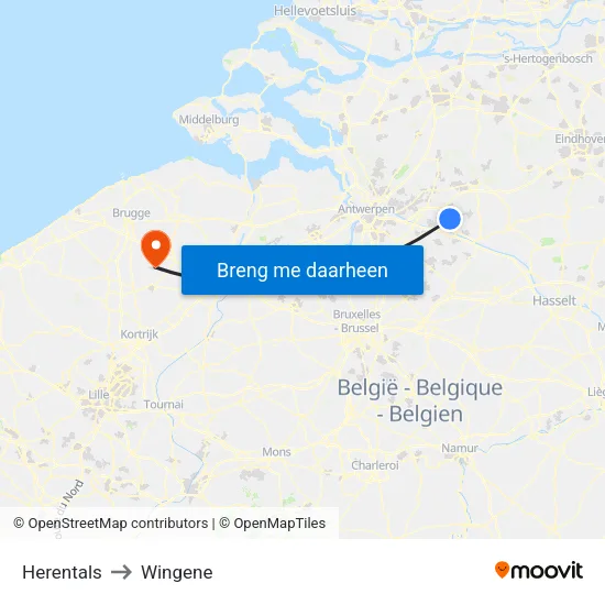 Herentals to Wingene map