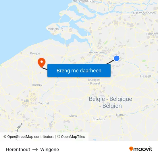 Herenthout to Wingene map