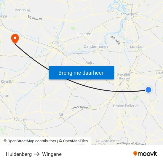 Huldenberg to Wingene map