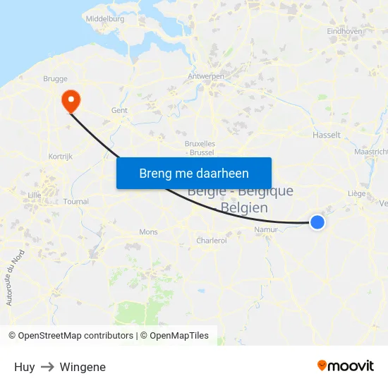 Huy to Wingene map