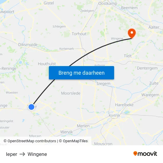 Ieper to Wingene map
