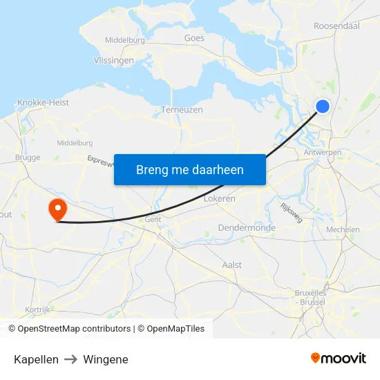 Kapellen to Wingene map
