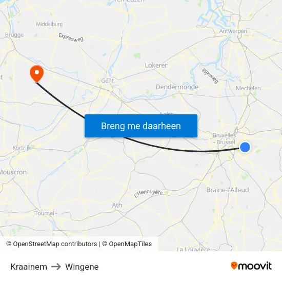Kraainem to Wingene map