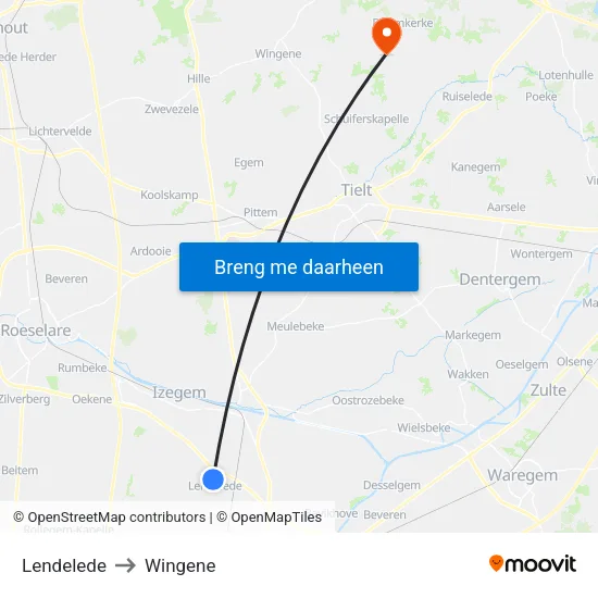 Lendelede to Wingene map