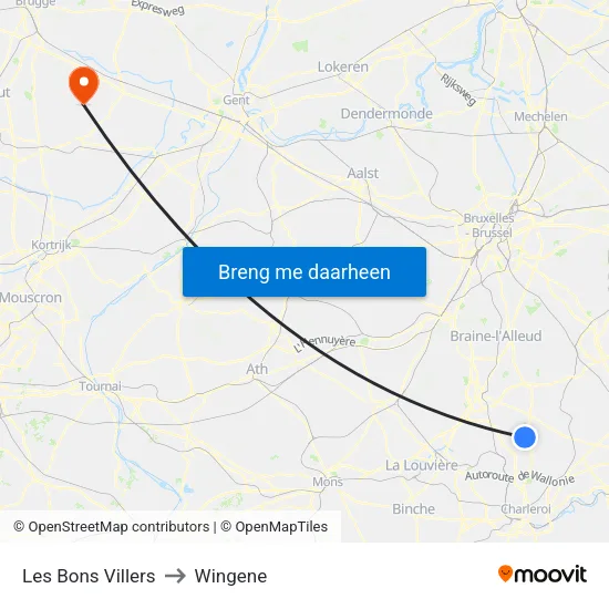 Les Bons Villers to Wingene map