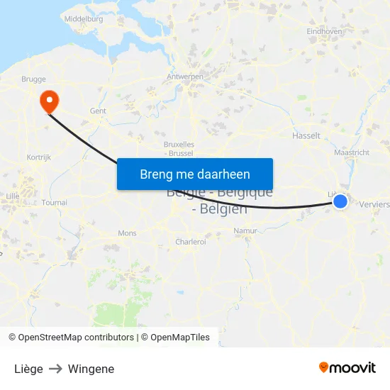 Liège to Wingene map