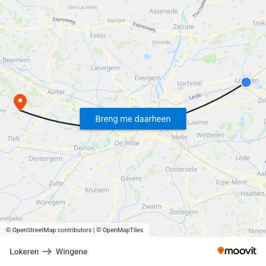 Lokeren to Wingene map