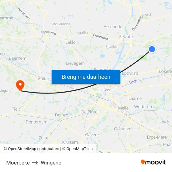 Moerbeke to Wingene map