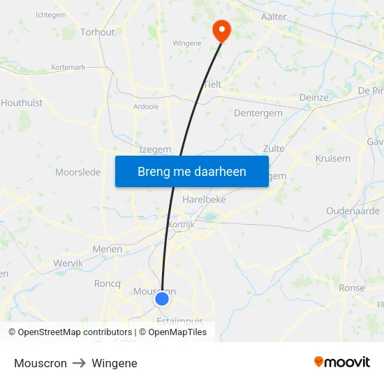 Mouscron to Wingene map