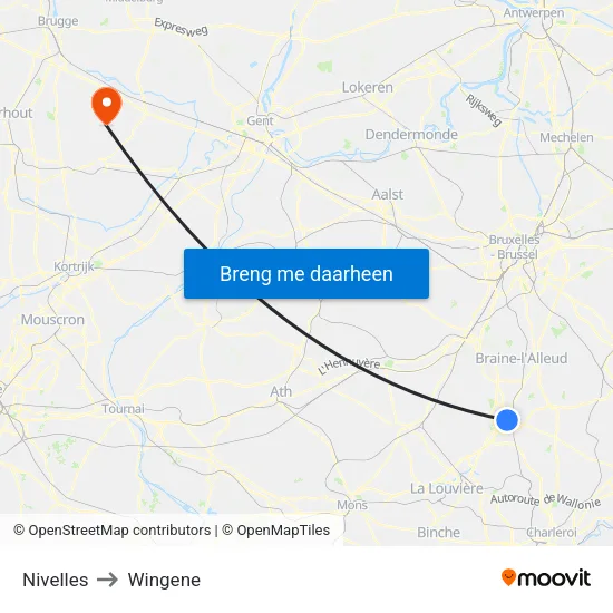 Nivelles to Wingene map