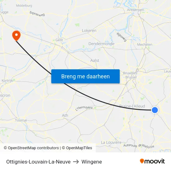 Ottignies-Louvain-La-Neuve to Wingene map