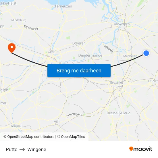 Putte to Wingene map