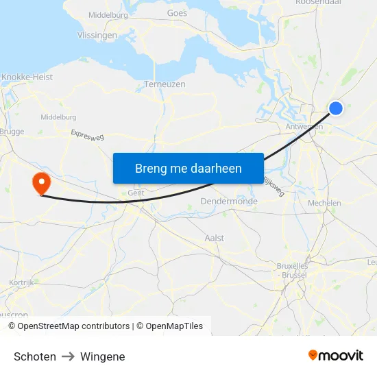 Schoten to Wingene map