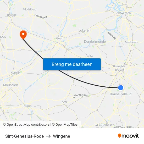 Sint-Genesius-Rode to Wingene map