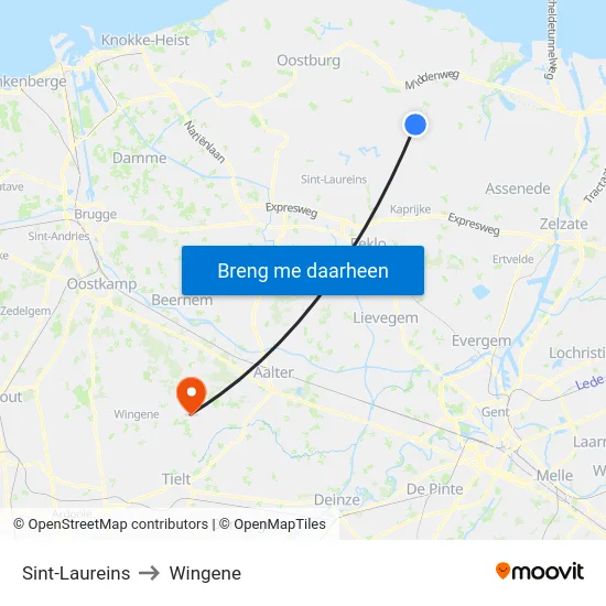 Sint-Laureins to Wingene map